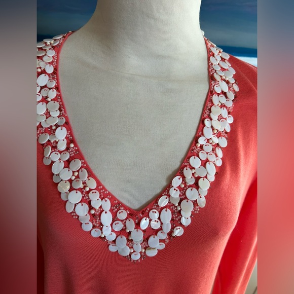 J CREW Vintage Coral Tunic Sweater with V-Neck Beaded Collar, Sz XL - Picture 2 of 4